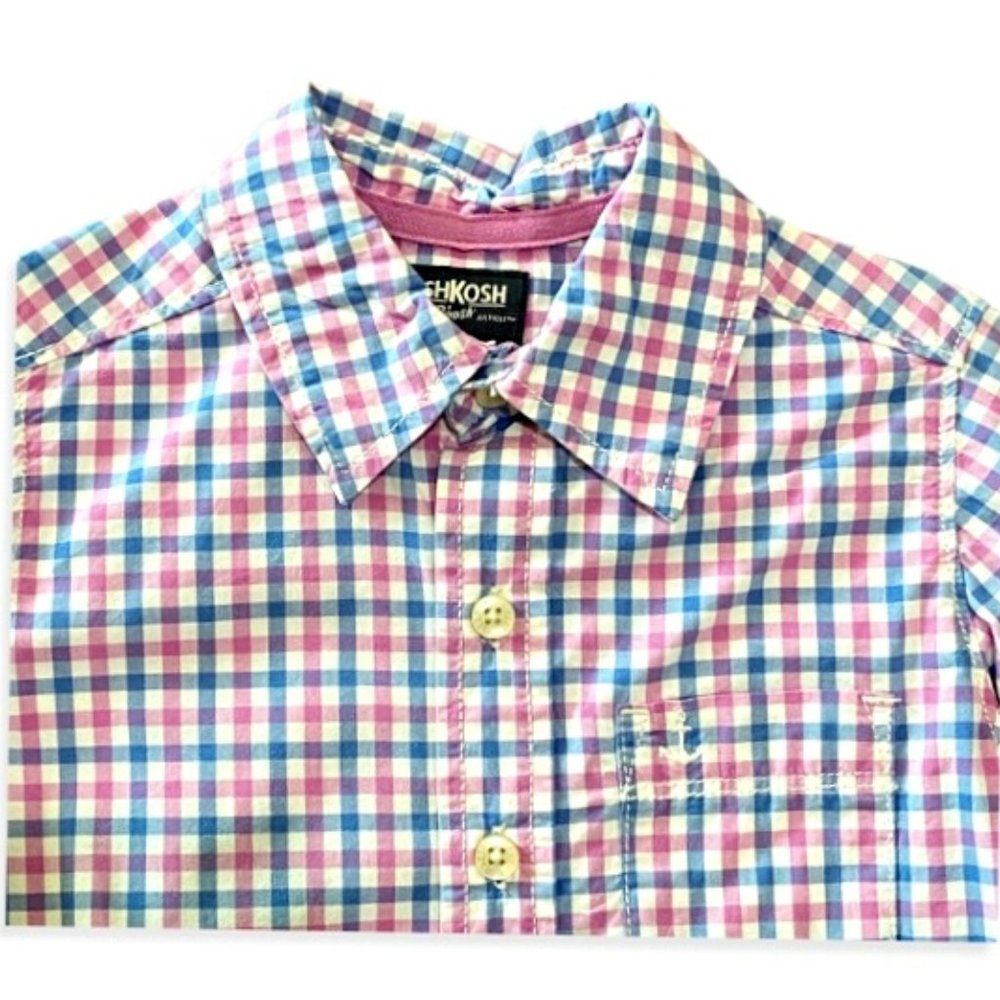 OshKosh B'Gosh Boy's Dress Shirt Size 4 / 5 Blue & Pink Plaid Button Down Spring - Picture 2 of 8